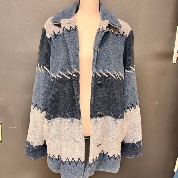 Vintage women's fleece striped satin lined coat double breasted blue grey size L - Picture 1 of 10